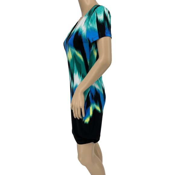 Jennifer Lopez sheath dress s short sleeve stretchy blue green geo - Picture 5 of 10